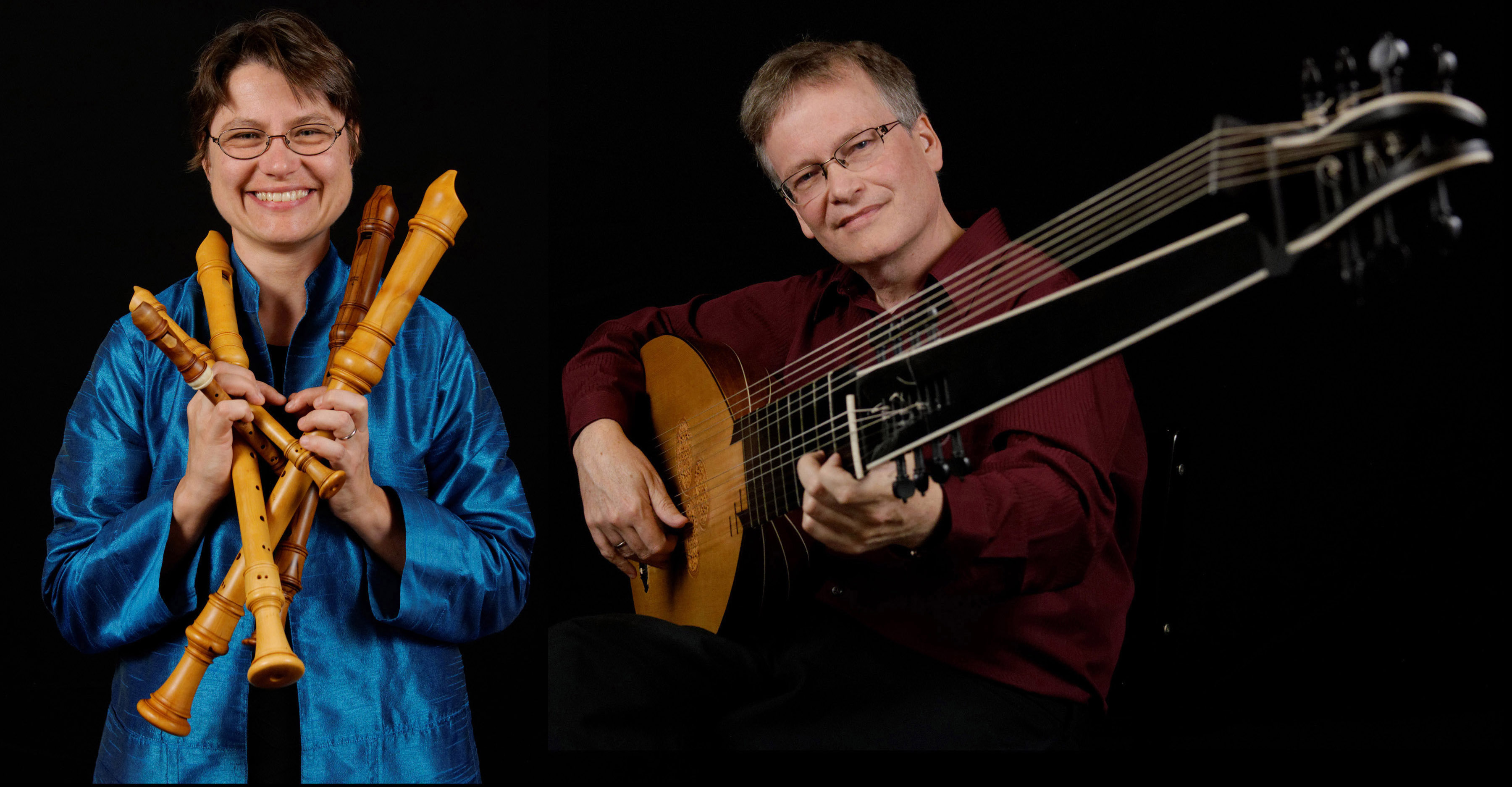 Hanneke holding recorders and David holding a lute